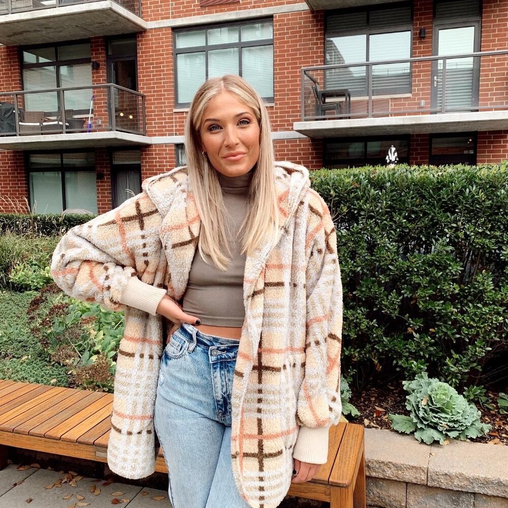 NEW Boutique Hooded Plaid Teddy Jacket Cozy Sherpa Fleece Weekend Furry Soft